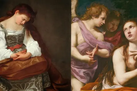 Maria von Magdala, nachdenklich, mit Perlen und Salbgefäß. Daneben Engel, die sie trösten.