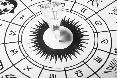 Wahadło nad kołem zodiaku, symbolizujące poszukiwanie odpowiedzi na pytanie: jakim znakiem zodiaku jestem.