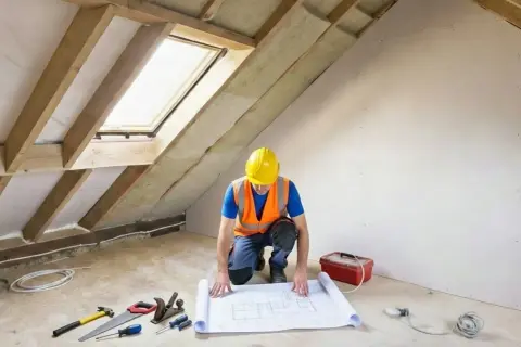Budowniczy w kasku analizuje projekt na podłodze w trakcie prac nad adaptacją poddasza użytkowego. Narzędzia i skrzynka leżą obok.