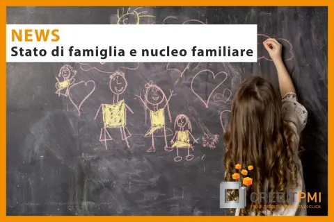 Bambina disegna una famiglia su una lavagna. Il testo parla di stato di famiglia e nucleo familiare, anche per conviventi non sposati.