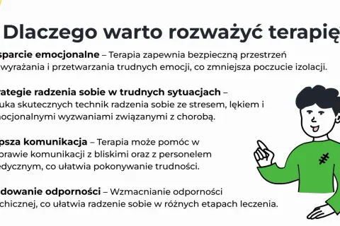 Ilustracja przedstawia listę powodów, dla których warto rozważyć terapię, podkreślając jej skuteczność w radzeniu sobie z emocjami i trudnościami.