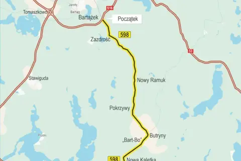 Mapa z zaznaczoną trasą rowerową Olsztyn, prowadzącą przez Bartążek, Zazdrość, Pokrzywy i Butryny.