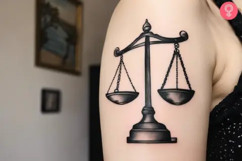 Tatuaje de balanza en el brazo, símbolo de justicia y equilibrio. El tatuaje balanza significado representa la búsqueda de la equidad.