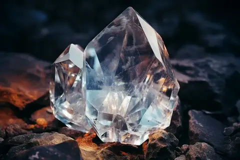 Dwa kryształy, jeden wielki diament, lśnią na tle ciemnych skał, odbijając światło.