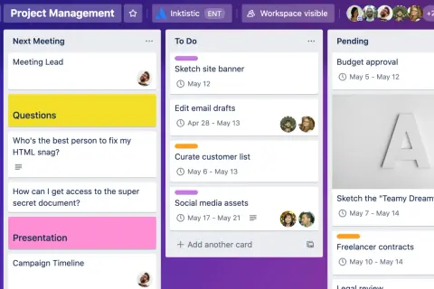 Zarządzanie projektem w aplikacji Trello: lista zadań, pytania i sprawy w toku.