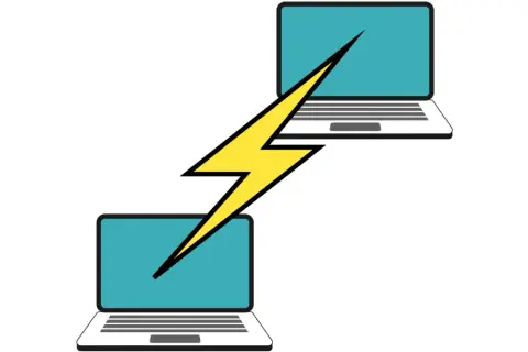 Dwa laptopy połączone błyskawicą, symbolizujące szybką komunikację, jak np. przez telnet.