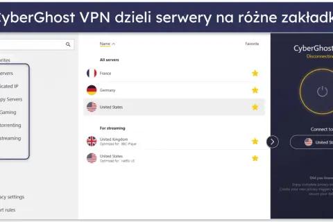 Interfejs CyberGhost VPN pokazuje listę serwerów, w tym USA, Francję i Niemcy. Kliknięcie przycisku rozłączenia pozwala dowiedzieć się, jak wyłączyć VPN.