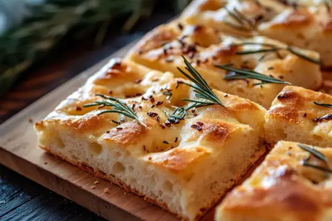 Nybakad focaccia med rosmarin och flingsalt, perfekt för ett enkelt focaccia recept.