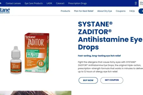 Krople do oczu Systane Zaditor z ketotifenem, skuteczne na **starazolin alergia** i swędzenie oczu, działają do 12 godzin.