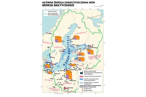 Mapa Morza Bałtyckiego z zaznaczonymi źródłami zanieczyszczeń i granicami państw.