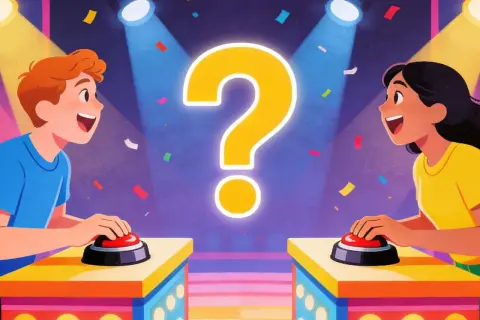 Dwóch graczy, chłopak i dziewczyna, z uśmiechem na twarzy naciska przyciski na podium. Czy dobrze mnie znasz? Konfetti i wielki znak zapytania sugerują quiz.