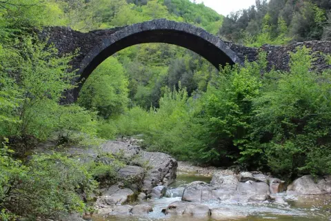 Antico ponte della Pia in pietra, con un arco maestoso, sovrasta un ruscello tra la rigogliosa vegetazione primaverile.