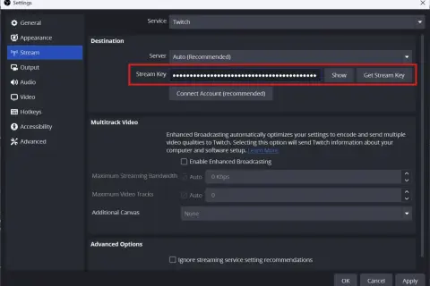 Twitch settings screen showing a hidden stream key input field, ready for your twitch rtmp url.