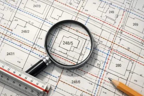 Szczegółowa mapa ewidencyjna z zaznaczonymi działkami, powiększona lupą na działkę 248/5. Obok leży linijka i ołówek.