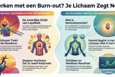Illustratie over burn-out: valkuilen zoals loyaliteit en doorwerken, en oplossingen zoals hartcoherentie voor vrijwillige opname en herstel.