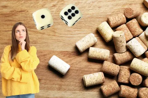 Une jeune femme réfléchit devant des dés et une pile de bouchons. Elle semble hésiter avant de commencer un jeu du bouchon.
