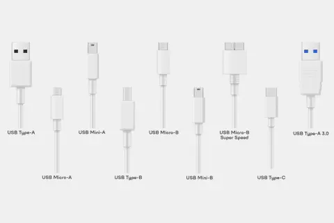 Różne rodzaje złączy USB, w tym USB 3.2, USB Type-A, Micro-B i Type-C, gotowe do podłączenia urządzeń.