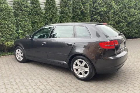Ciemnoszary Audi A3 8P Sportback stoi na podjeździe z kostki brukowej, otoczony zielonym żywopłotem.