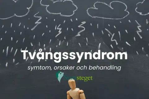 En träfigur sitter under en kritad storm. Texten "Tvångssyndrom" syns, vilket kan relateras till bup ocd.