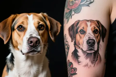 Un perro real mira a su gemelo en un tatuaje de perro realista en un brazo.