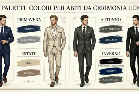 Uomo elegante in abiti da cerimonia: blu navy, grigio medio, beige, tortora per primavera/estate; grigio antracite, blu scuro, nero, blu navy, grigio scuro per autunno/inverno.