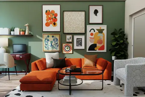 Gemütliches Wohnzimmer mit orangefarbenem Sofa, vielen Bildern an der grünen Wand und einem Schreibtisch. Perfekt, um nach dem **wand streichen** zu entspannen.