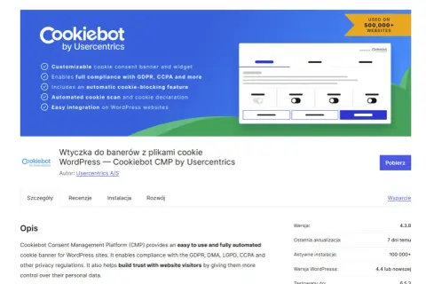 Wtyczka Cookiebot do WordPressa, automatyzująca banery z plikami cookie i zapewniająca zgodność z RODO.