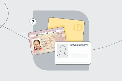Czy zdjęcie legitymacji wystarczy w pociągu? Na ilustracji legitymacja szkolna, żółta karta ID i wzór dowodu osobistego.