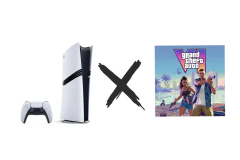 Konsola PlayStation 5 z kontrolerem i logo GTA VI, przedzielone czarnym znakiem "X".