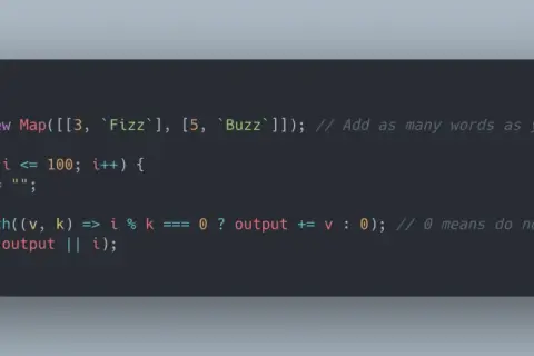 Kod JavaScript implementujący grę Fizz Buzz. Iteruje od 1 do 100, drukując "Fizz" dla wielokrotności 3, "Buzz" dla wielokrotności 5.