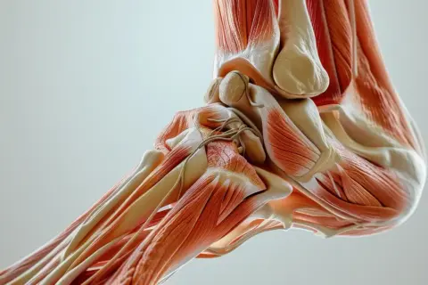 Anatomia stopy z widocznymi mięśniami i kośćmi. W centrum obrazu znajduje się potężne ścięgno Achillesa, łączące mięśnie łydki z piętą.