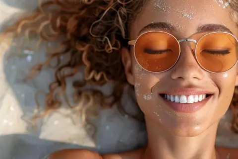 Frau mit sonnengeküsster Haut und orangener Brille liegt im Sand. Die Wirkung von blauem Licht auf die Haut ist hier nicht sichtbar, aber die Freude ist es.