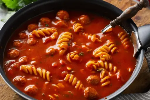 Gęsty, pomidorowy sos do potrawki z klopsikami i makaronem fusilli w czarnej patelni.