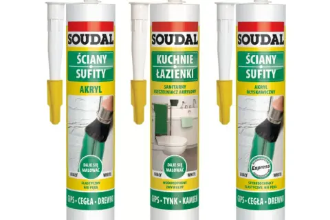 Trzy tuby akrylu Soudal do ścian i sufitów. Jeden produkt to akryl błyskawiczny, idealny do maskowania pęknięć.