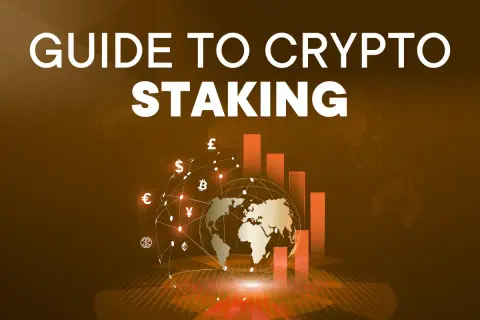Guida al crypto staking: un globo terrestre con simboli di valute e grafici a barre suggerisce opportunità di investimento globale.