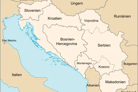 Karta över forna Jugoslavien med Slovenien, Kroatien, Bosnien-Hercegovina, Serbien, Montenegro, Kosovo och Makedonien.