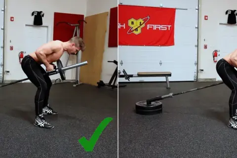 Man utför en t bar row med korrekt hållning (grönt kryss) och en felaktig (rött kryss).