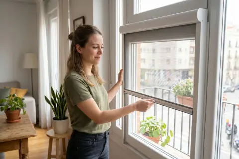 Mujer ajustando una mosquitera enrollable en una ventana. La mosquitera cabeza protege del calor y los insectos.