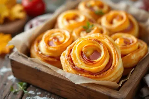 Délicieux feuilleté apéro en forme de spirale, garni de jambon et de fromage, prêt à être dégusté.