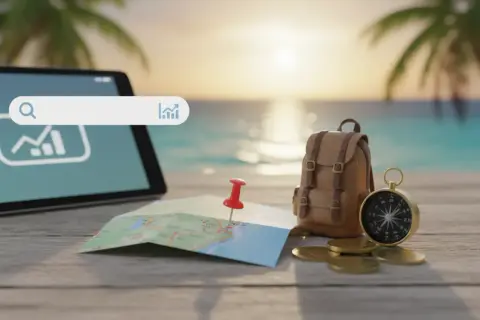 Tablet z wyszukiwarką, mapa, plecak, kompas i monety na tle plaży.