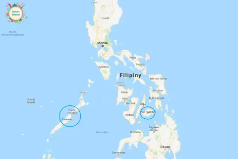 Mapa pokazuje, gdzie są Filipiny, z zaznaczonymi miastami jak Manila, Cebu i wyspami Palawan i Bohol.