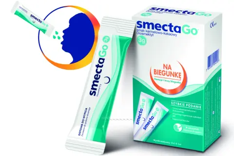 SmectaGo dla dzieci – gotowa do wypicia zawiesina o smaku karmelowo-kakaowym, która hamuje i leczy biegunkę.