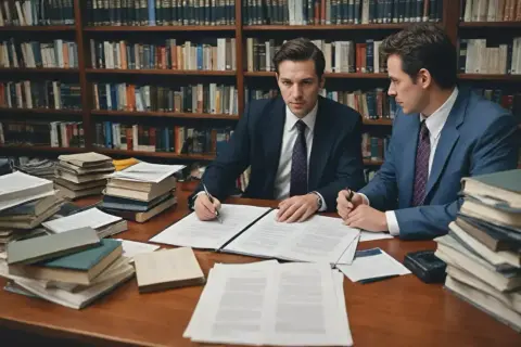 Dwóch prawników w garniturach analizuje dokumenty w bibliotece. Zastanawiasz się, ile kosztuje wynajęcie adwokata w sprawie cywilnej?