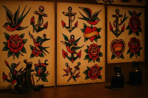 Diseños clásicos de tatuajes old school: anclas, rosas, corazones y golondrinas. Una máquina de tatuar y tintas completan la escena.