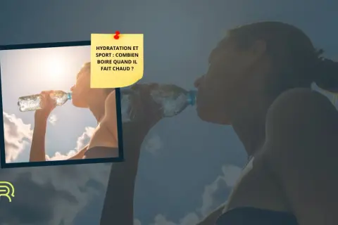 Une femme boit de l'eau sous le soleil. L'image souligne l'importance de l'hydratation sportif par temps chaud.