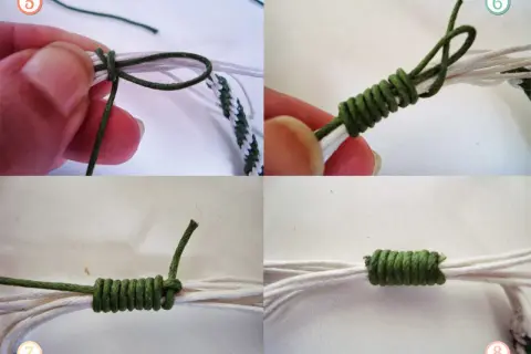 Creando un nudo corredizo pulsera. Se muestran pasos para hacer un nudo corredizo en una pulsera de hilo.
