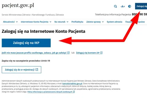 Zaloguj się na Internetowe Konto Pacjenta. Czerwona strzałka wskazuje przycisk "Zaloguj się na IKP".
