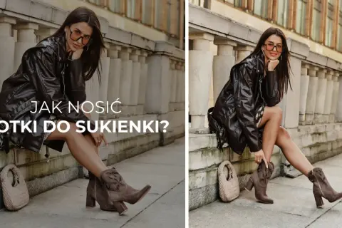 Kobieta w skórzanej kurtce i sukience prezentuje, jakie botki do sukienki pasują idealnie. Stylowe botki na obcasie i torebka dopełniają stylizację.