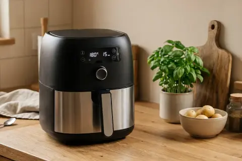 Czarna frytkownica beztłuszczowa z cyfrowym wyświetlaczem, idealna do zdrowego gotowania. W tle bazylia i ziemniaki, sugerujące pyszne dania z rankingu airfryer.