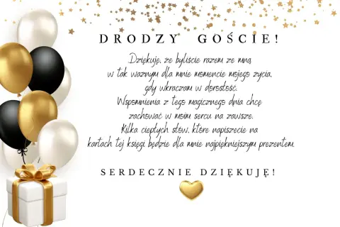 Złota księga gości na 18. urodziny z balonami i prezentem. Dziękuję za obecność i życzenia.